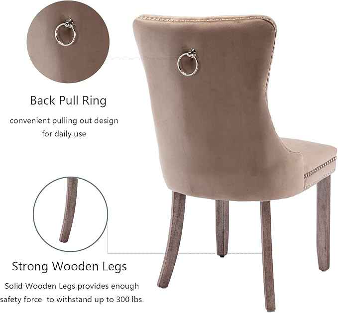 Upholstered Dining Chairs Set of 2, Velvet Dining Room Chairs with Back Ring Pull Trim and Solid Wood Legs, Tufted Wingback Kitchen Chair Perfect for Dining Room,Living Room,Kitchen(Khaki)