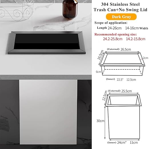 Embedded Countertop Trash Can, Stainless Steel Kitchen Trash Can, Built-in Countertop Trash and Waste Chute, Square Built-in Countertop Trash Can Grommet,Gray Set