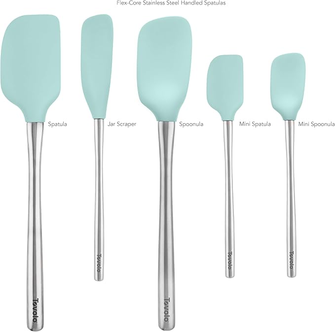 Tovolo Stainless Steel Handled Silicone Spatula Set of 5, Dishwasher Safe Kitchen Spatula Set for Cooking Baking, BPA Free Silicone Spatula set with Metal Steel Handle, Aqua Seafoam Green