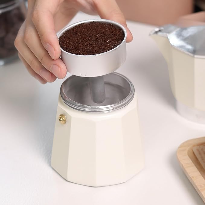 Sivaphe Aluminum Moka Pot 3 Espresso Cups, Percolator Espresso and Coffee Maker, Portable Stovetop Italian and Cuban Café Brewer for Home and Camping White