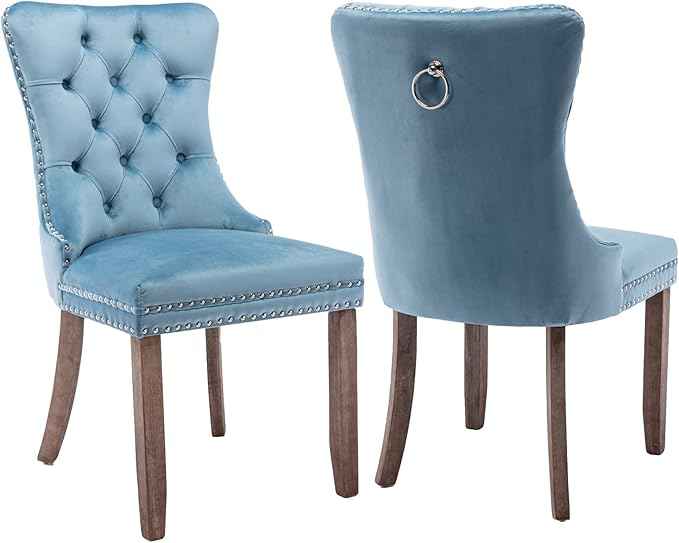 Upholstered Dining Chairs Set of 2, Velvet Dining Room Chairs with Back Ring Pull Trim and Solid Wood Legs, Tufted Wingback Kitchen Chair Perfect for Dining Room,Living Room,Kitchen(Light Blue)