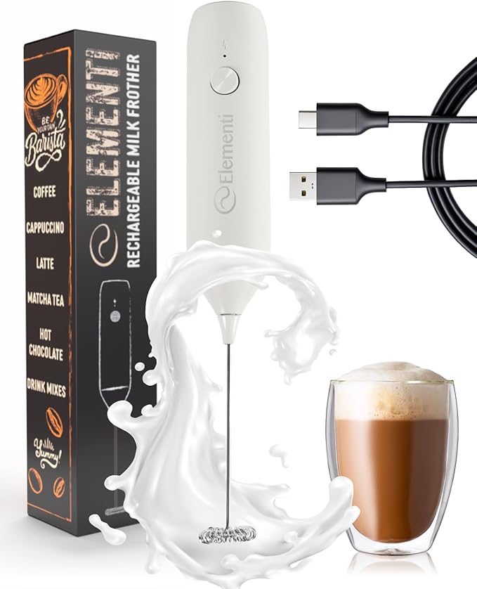 Elementi Milk Frother Rechargeable Drink Mixer Wand - Powerful USB-C Rechargeable Frother & Coffee Mixer Wand - Hand Held Milk Foamer Whisk to Make Perfect Cappuccinos, Lattes & Drink Mixes (White)