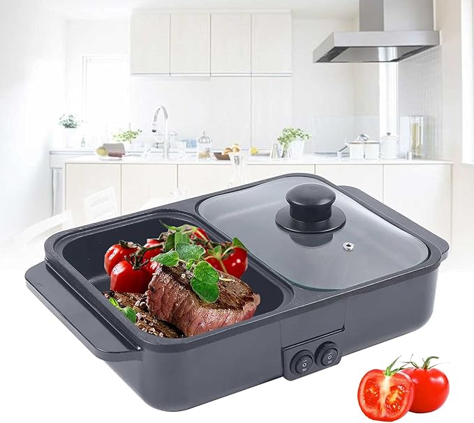 CNCEST 2 in 1 Portable Electric Hot Pot Barbecue Grill Non-Stick Teppanyaki Pan 110V Indoor Hotpot Grill Korean BBQ Combo (Black)