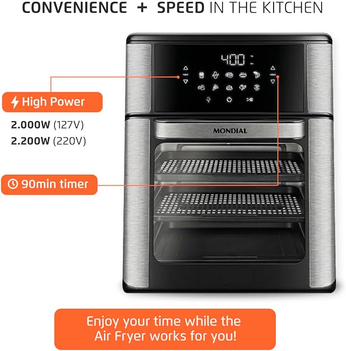 Air Fryer Oven 1800W, 12.7QT Capacity, Touchscreen Panel, Automatic Shut-Off, Toaster + Airfryer – Black & Stainless Steel – Mondial