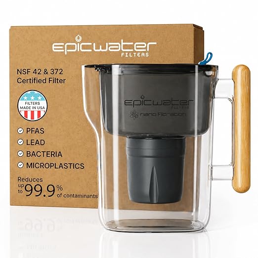 Epic Nano XP | Water Filter Pitchers for Drinking Water | 10 Cup | 150 Gallon Filter | Gravity Water Filter (Black & Bamboo)