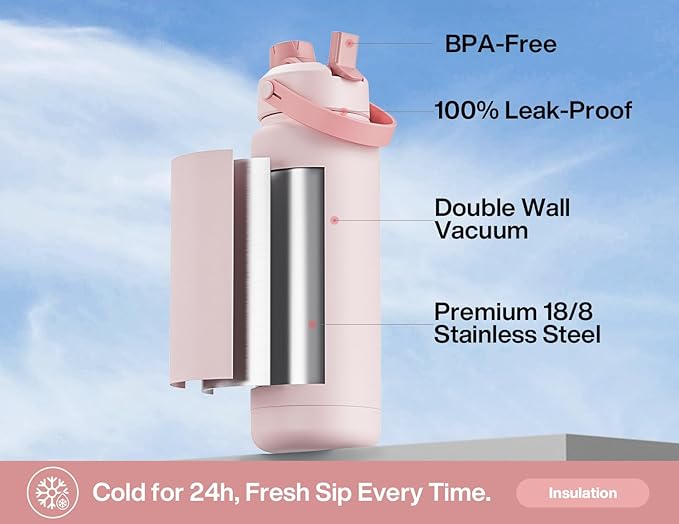 POWCAN 32 oz Insulated Water Bottle with 2-in-1 Straw and Spout Lid, Keep Cold 24H, Leak-Proof, BPA-Free, Double Wall Stainless Steel Water Bottle for Sports, Gym, Travel and School (Ombra Butterfly)