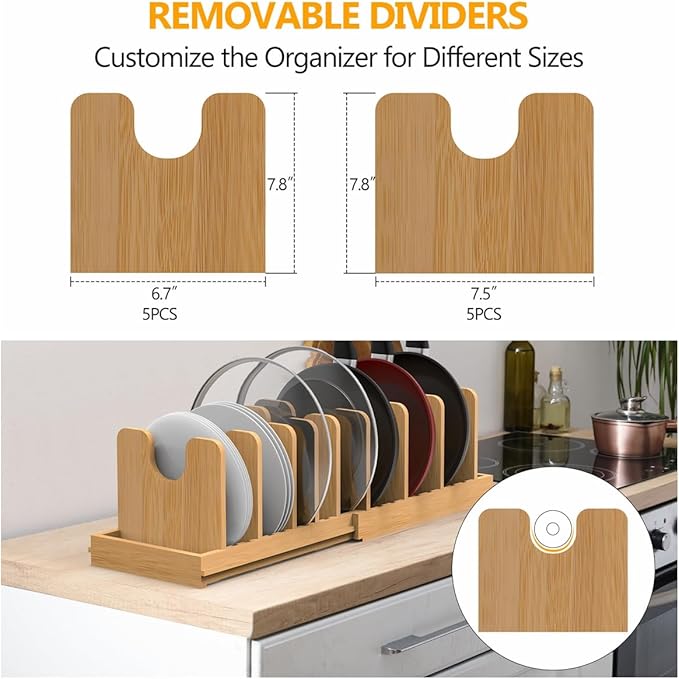 Expandable Pot Lid Organizer, Bamboo Pot and Pan Organizer for Under Cabinet, 16" to 28" Adjustable Length and 10 Dividers