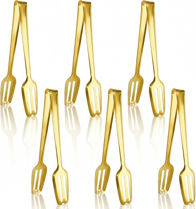 6 Pack Gold Serving Tongs 9 Inch Duty Durable Metal Food Tong, Stainless Steel Tongs for Serving Food, Weddings Parties Family Gatherings Kitchen Cooking Serving Clip