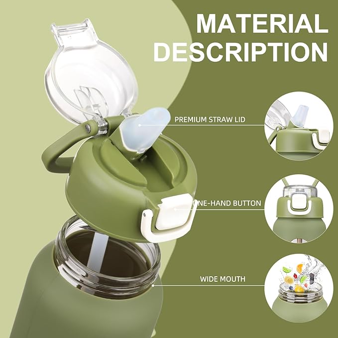 chunmo 32 oz Glass Water Bottles with 2 Lids-Handle Spout Lid & Straw Lid, 1 Liter Motivational Borosilicate Water Bottle with Time Marker and Silicone Sleeve,Leakproof-Army Green-1 Pack