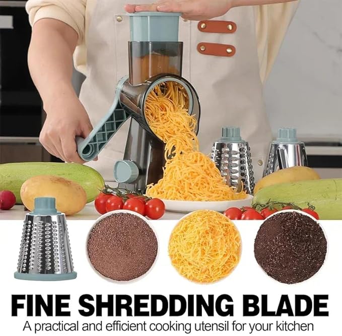 XUANYILA Rotary Cheese Cheese Grater Hand Crank Vegetable Cheese Grater for Kitchen 3 Changeable Blades for Cheese Potato Zucchini Nuts Chocolate - GreyBlue