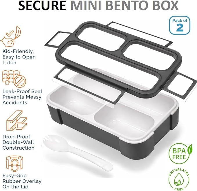 Small Snack Containers for Kids Teens - 3 Compartments (Set of 2) - Leak-Proof Boxes with Lids -BPA-Free Plastic Mini Bento Lunch Box - Ideal for School, Boys & Girls, Holds 2 Cups (Black + Gray)