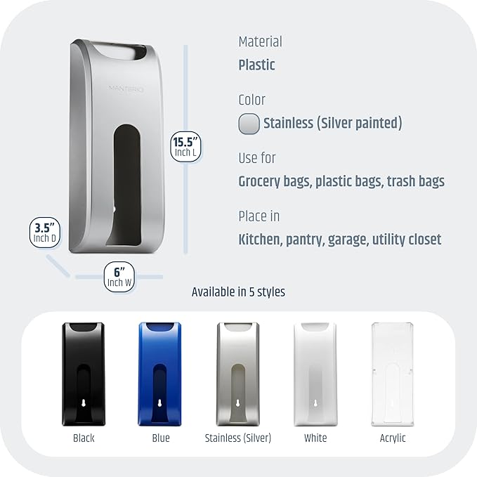 Plastic Bag Holder | UPGRADED Wall-Mount Grocery Bag Dispenser | Space-Saving Design | Easy Install | Smudge-Proof, Fingerprint-Resistant | Silver | Holds the Most Bags for Maximum Storage
