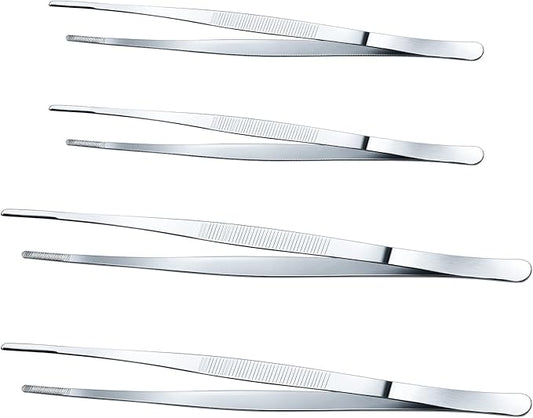 Yaomiao 4 Packs 12 Inch 10 Inch Bar Tweezers Silver Cocktail Tongs Long Garnish Tweezers Stainless Steel Bartender Kitchen Cooking Tongs for Cocktail Food Fruit Korean BBQ Bartender Chef, Multi-use