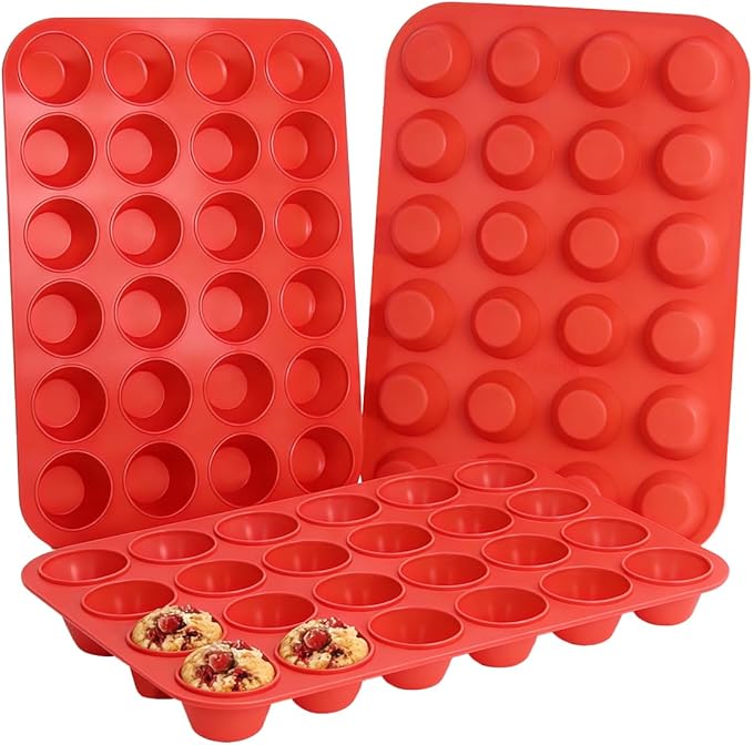 CAKETIME Silicone Mini Muffin Pan 3 Pack 24 Cups Nonstick Mini Cupcake Pan for Baking Muffins Cupcakes Egg Bites Fat Bombs