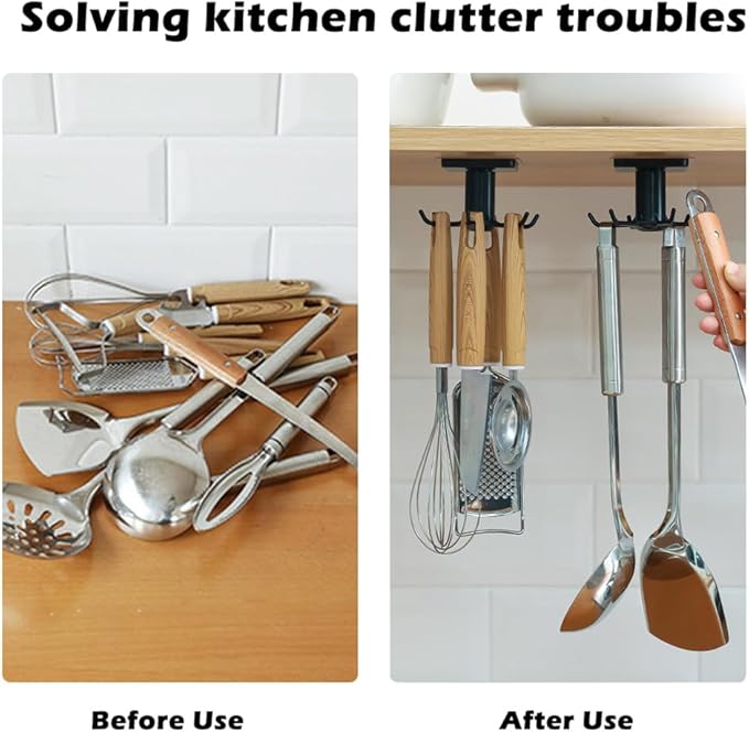 4 PCS Under Cabinet Kitchen Utensil Hooks 360° Rotation Adhesive Nail Free Hanging Rack for Kitchen Utensils, Tools, Towel, Knife (Black)