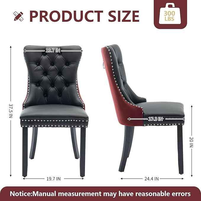 Dining Chairs Set of 4, Upholstered Dining Room Chairs with Back Ring Pull Trim and Solid Wood Legs, Modern Tufted Kitchen Chairs Perfect for Dining Room, Black Pu Leather Splicing WineRed Velvet