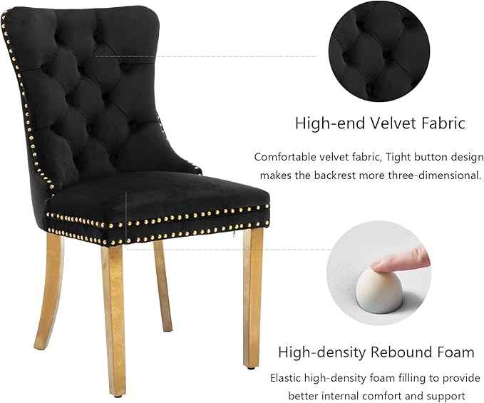 Black Velvet Dining Chairs Set of 4, Upholstered Dining Room Chairs with Back Ring Pull Trim and Golden Stainless Steel Legs,Modern Dining Chairs for Dining Room,Kitchen(Black)