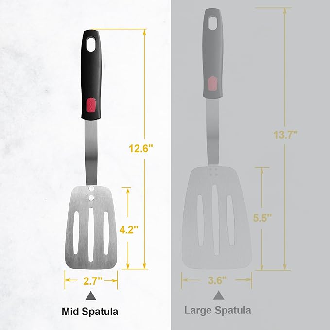 Stainless Steel Flexible Spatula Turner, VOVOLY Thin Metal Slotted Spatula for Cast Iron Skillet, Thin Blade and Heat Resistant Silicone Handle, Great for Egg, Cookie, Meat, Crep, Medium