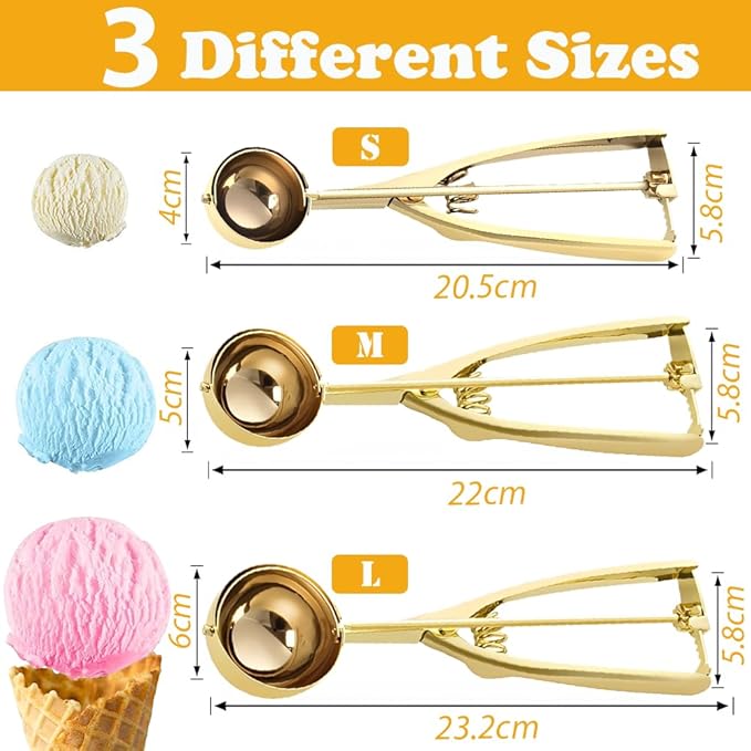 Gold Ice Cream Scoop 304 Stainless Steel Cookie Scoops for Baking Melon Baller with Trigger 3 Sizes (Gold, S/M/L)