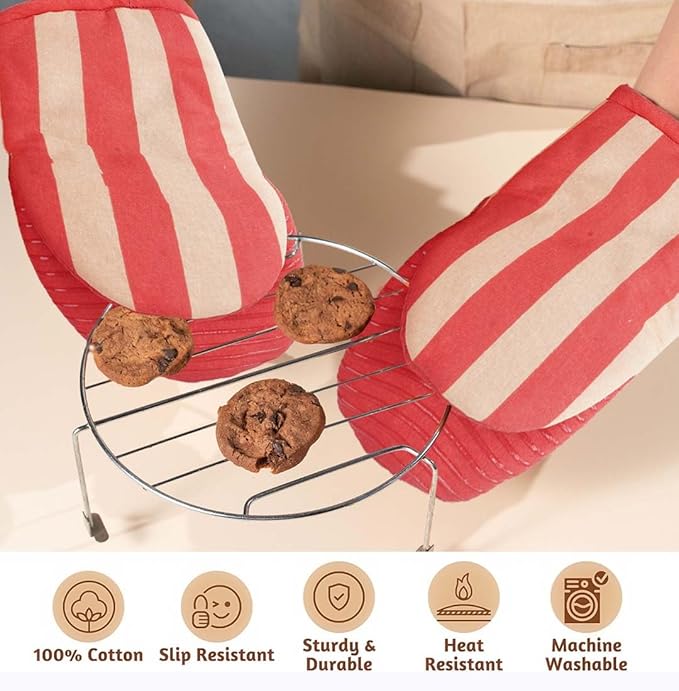 Folkulture Red Oven Mitts - Set of 2 (5.75"x9") | Cute Red Oven Mitts with Hanging Loop for Cooking Gifts, 100% Cotton, Silicone Heat Resistant Oven-Gloves for New Home Essentials