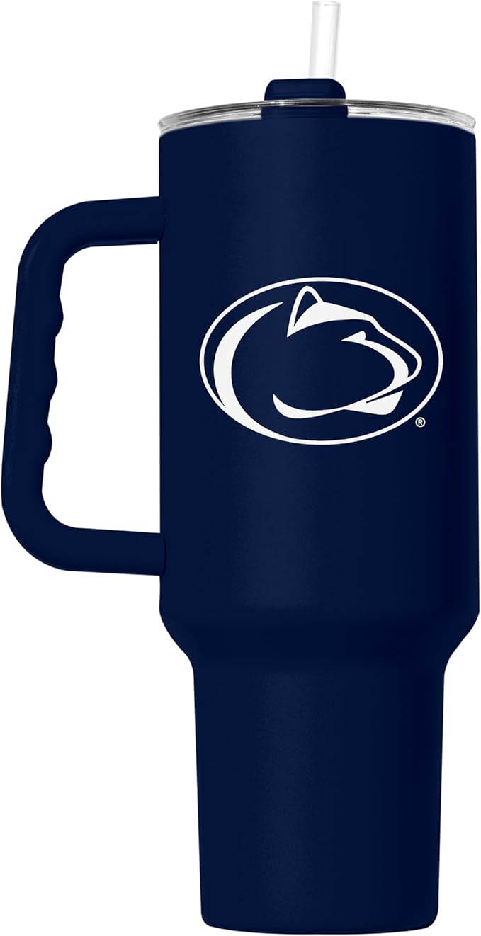 Logo Brands NCAA 40 oz Tumbler with Handle -Stainless Steel Insulated Travel Tumbler with Straw Lid – Powder Coated, Leak-Resistant, Keeps Drinks Hot/Cold – Great for Tailgating, or Everyday Use