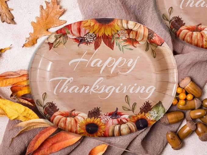 WDF 50Pack Thanksgiving Paper Plates - 10" x 12" Oval Paper Plates Dinner Size Large Disposable Platter Heavy Duty For Happy Thanksgiving Serving Tray Autumn Fall Harvest Party Supply