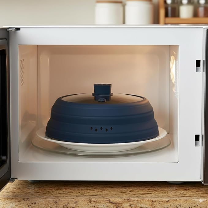 Microwave Splatter Cover Glass Microwave Cover for Food Collapsible Splatter Guard Lid with Silicone Handle for Pot Plate Bowl 9.8 Inch Blue