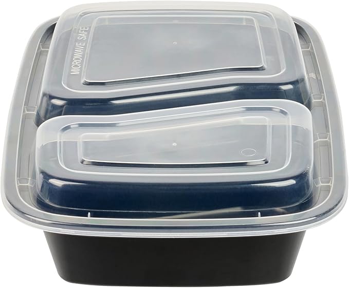 Asporto 32 Ounce Compartment Take Out Boxes, 50 Microwavable Meal Prep Containers - 2 Compartments, With Clear Plastic Lids, Black Plastic Food Containers, Do Not Contain BPA - Restaurantware