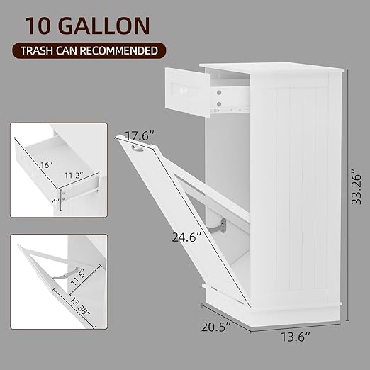 Wooden Tilt Out Trash Can Cabinet, 10 Gallon Dog Proof Garbage Can Holder, Kitchen Island with Laundry Hamper, White