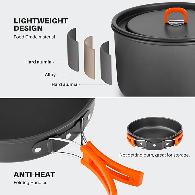 Odoland 18pcs Camping Cookware Large Size Hanging Pot Pan Kettle Set with Plastic Plates Bowls Soup Spoon for Camping, Backpacking, Outdoor Cooking and Picnic