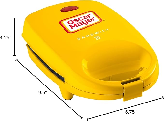 Nostalgia Oscar Mayer Sandwich Maker with Beverage Cooler Bag, 5-Inch Nonstick Cooking Surface with Indicator Lights and Lock Feature, Lunch and Beverage Tote Included, Yellow