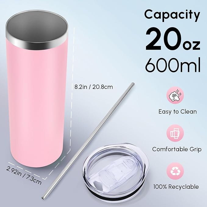 Volhoply 4 Pack Skinny Tumblers with Lid and Straw, 20oz Stainless Steel Straight Tumbler Bulk, Vacuum Insulated Coffee Mug for Home, Office, Travel, DIY (Pink,4 Pack)