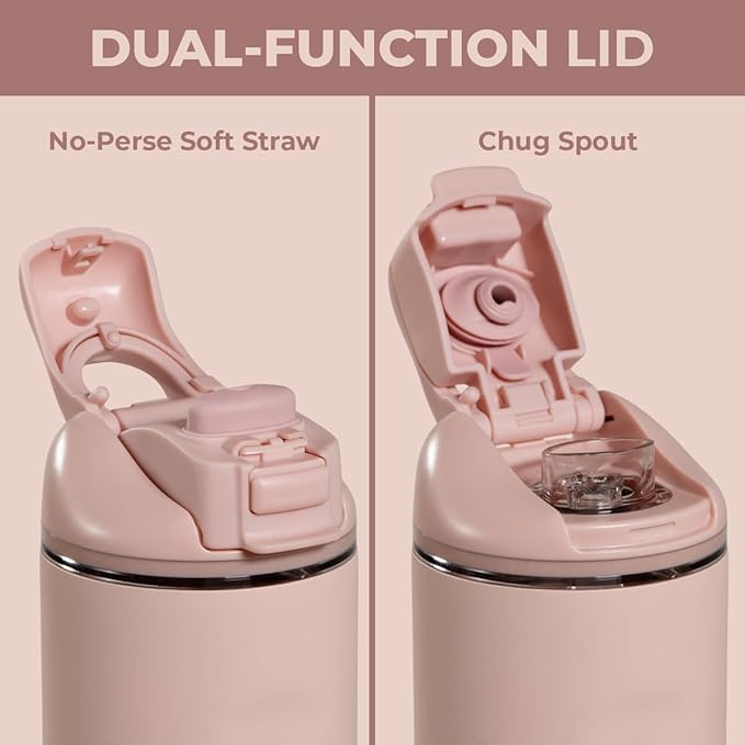 HydroJug Ease2o Water Bottle with Straw & Chug Lid, Stainless Steel, Vented Cap to Help Reduce Pressure, Water-Level Window, Cup Holder Friendly, Non-Slip Base – 24oz, Dusty Rose