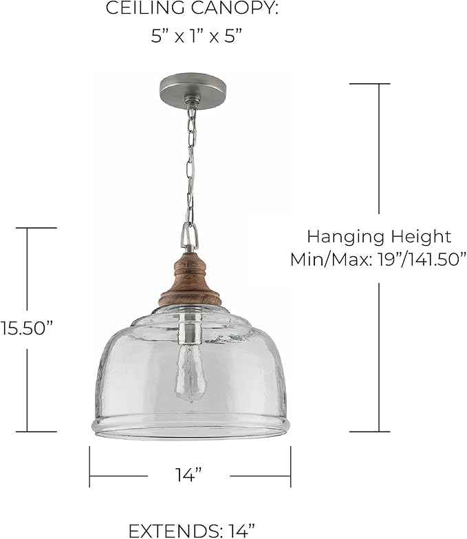 Capital Lighting 330318GY Julian Coastal Style Clear Organic Rippled Glass Pendant with Handcrafted Mango Wood Finial, 1-Light 60 Watt, 16" H x 14" W, Grey Wash