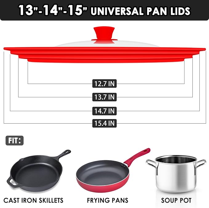 13-14-15 in Universal Pan Lid, Extra Large Silicone Pot Lid for Pots, Pans & Skillets, Replacement Frying Pan Lid with Heat Resistant Silicone Knob, Dishwasher Safe, Red