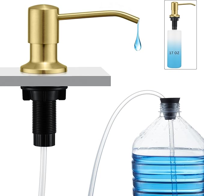 CREA Light Gold Soap Dispenser for Kitchen Sink, Stainless Steel Built-in Sink Soap Dispenser Pump with 17 oz in-Counter Bottle and 39" Extension Tube for Under Sink, Brushed Finish