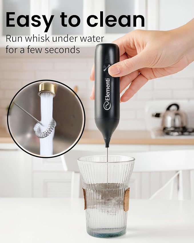 Elementi Milk Frother Rechargeable Drink Mixer Wand - Powerful USB-C Rechargeable Frother & Coffee Mixer Wand - Hand Held Milk Foamer Whisk to Make Perfect Cappuccinos, Lattes & Drink Mixes (White)