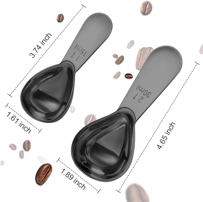 Safring Stainless steel coffee scoop 2-piece set (1 tbsp, 2 tbsp) durable Tablespoon, ergonomic measuring spoon, Suitable for small and large jars，short-handled spoon (Black)