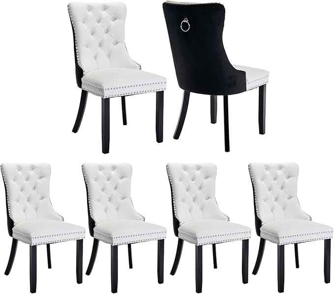 Dining Chairs Set of 6, Upholstered Dining Room Chairs with Back Ring Pull Trim and Solid Wood Legs, Modern Tufted Kitchen Chairs Perfect for Dining Room, White Pu Leather Splicing Black Velvet