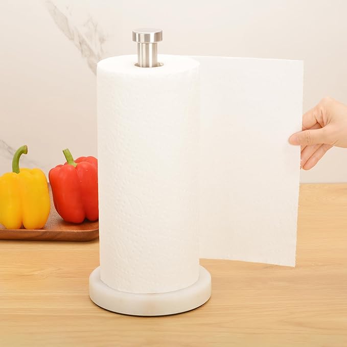 Paper Towel Holder Countertop, Heavy Weighted Marble Base Paper Towels Holder for Kitchen Counter, Modern Standing Papertowel Roll Holders(Brushed Nickel Stainless Steel Bar, White Natural Marble)
