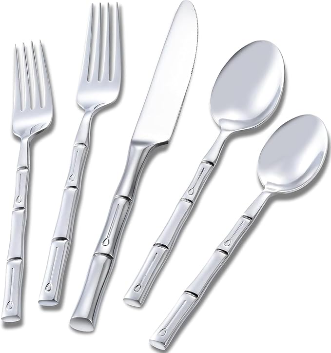 Bamboo 20-Piece Silverware Set, Stainless Steel Flatware Set, Cutlery Set Mirror Polished, Dishwasher Safe, Service for 4