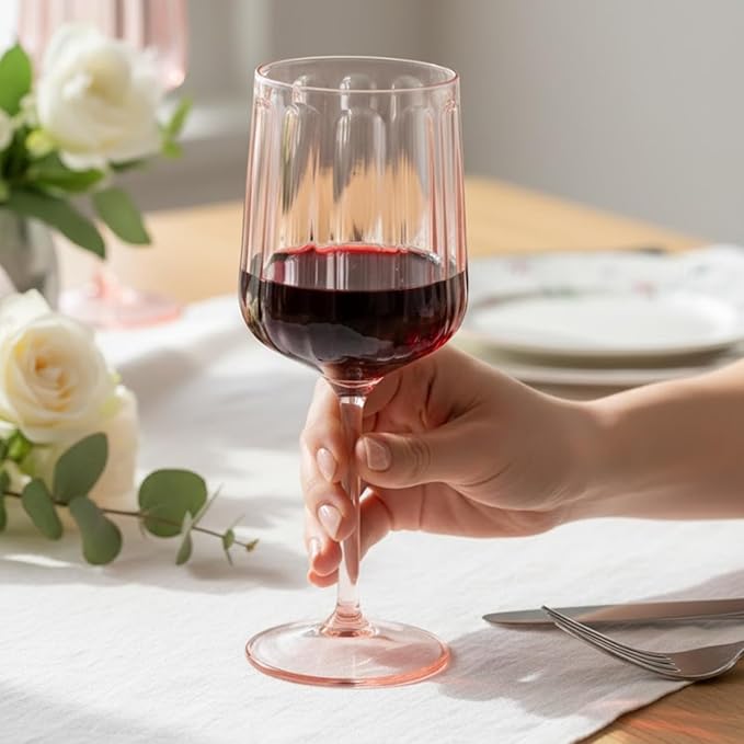 Khen Acrylic Lucia Stemmed Goblets - Unbreakable Wine Glasses Reusable Drinking Cups Dishwasher Safe Elegant Stemware for Cocktail Champagne | Kitchen Bar Party | Set of 6 |14oz | Pink