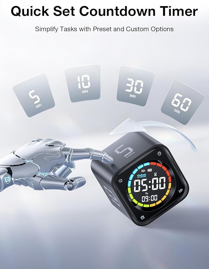 TK3 Pomodoro Timer Cube, Desk Productivity Timer with 5/10/30/60 Min Presets, Custom Countdown, Stopwatch, Clock, 3 Alarm, Silent, Vibrate & Sound Alert, for Task, ADHD, Study, Kitchen, Black