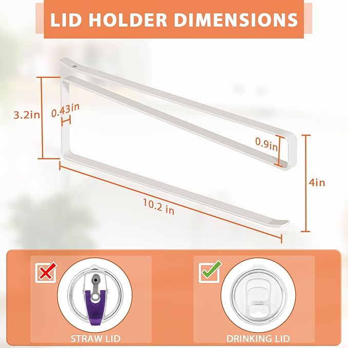 2 Pack Tumbler Lid Organizer, Horizontal Tumbler Lid Storage Hook to Hold Up 20 Lids, Space Saving Cup Lid Holders Under Cabinet Tumbler Lid Hook for Kitchen Organizer, Paper Towel Rack Hanger (White)