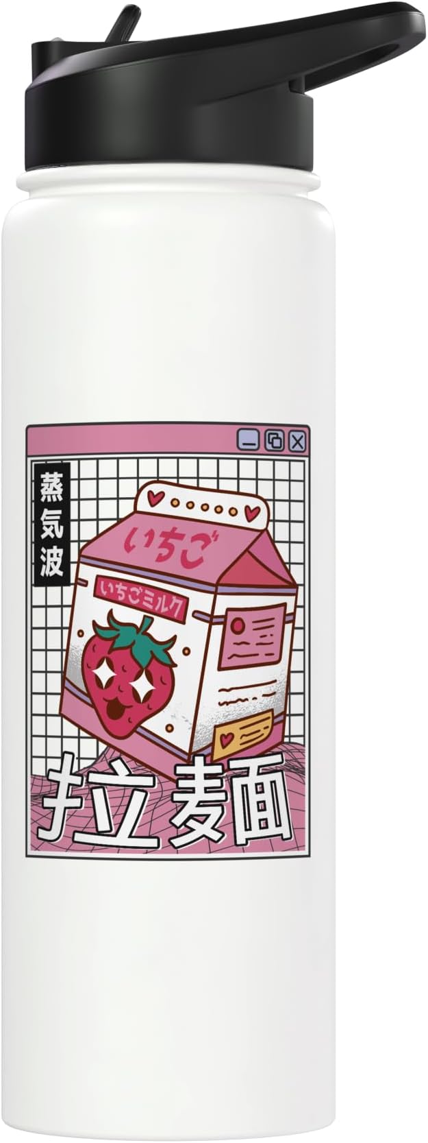 Strawberry Milk Carton Kawaii Grid Vaporwave Aesthetic Anime Stainless Steel Insulated Water Bottle