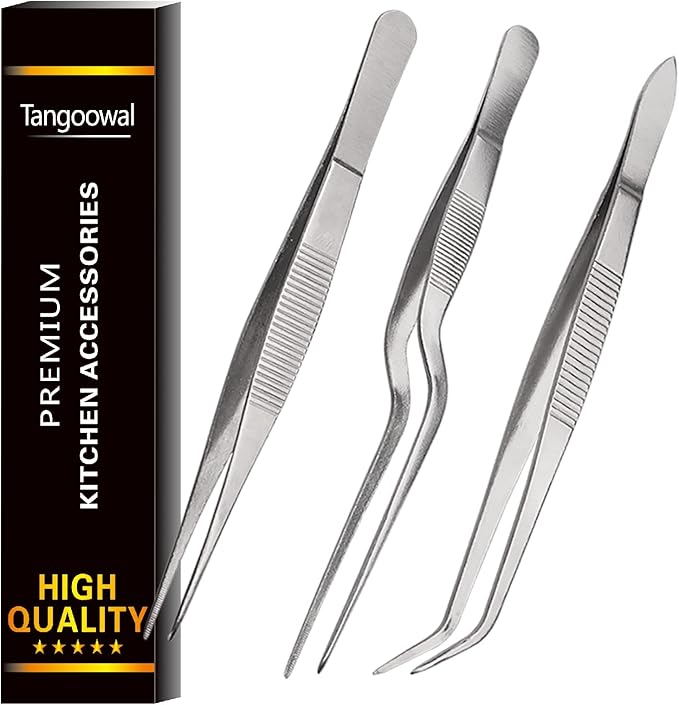 Kitchen Cooking Tweezers Culinary,3 Piece Set Stainless Steel Tweezer Precision Tongs Offset Tip for Cooking Food Design styling(6.3-Inch)