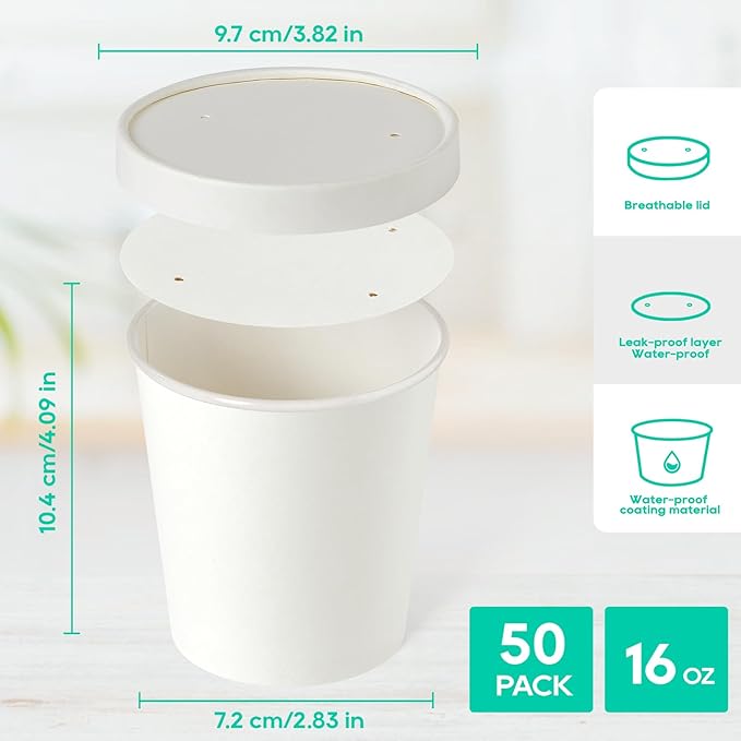 JOLLY PARTY 50pack 16oz Paper Soup Containers with Lids, Disposable Paper Food Cups, Ice Cream Cups, Food Storage with Lids, Microwavable and Freezer Safe, Suitable for Christmas Thanksgiving (White)