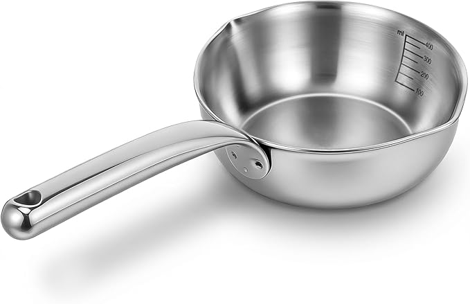 13.5 fl oz (400ml) 18/10 Stainless Steel Butter Warmer Measuring Pan, 3-Ply Saucepan with Dual Pour Spouts, Small Thick Cooking Pan for Stove Top, Chocolate Melting, Coffee Tea Soup Warming