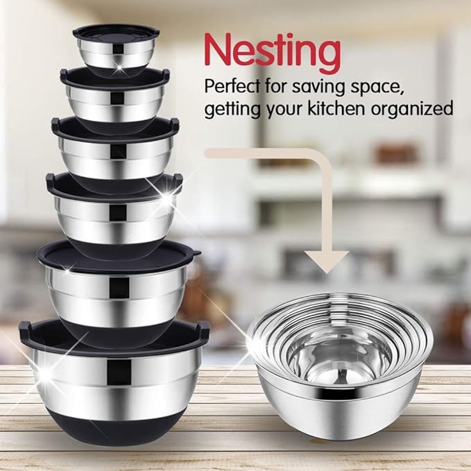 Rottay Mixing Bowls Set with Airtight Lids, 20PCS Stainless Steel, Nesting Bowls with 3 Grater Attachments & Non-Slip Bottoms, Size7, 4, 3, 2, 1.5, 1QT Bowls for Baking&Prepping