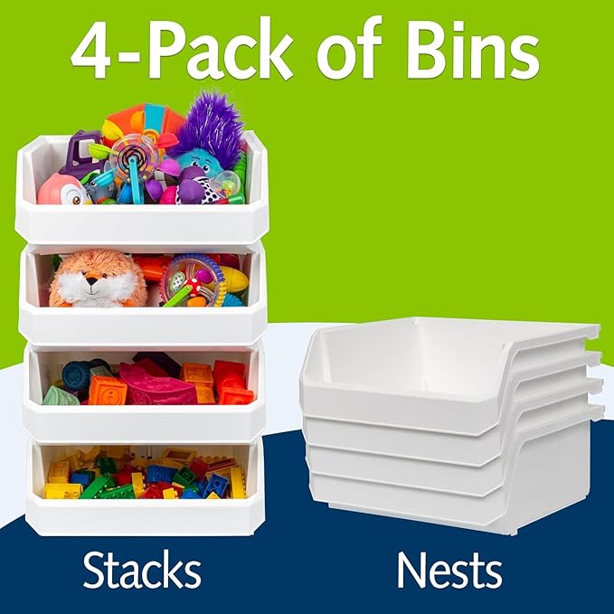 Plastic Containers for Organizing and Storage Bins for Closet, Kitchen, Office, Garage or Pantry Organization, Stackable Bins, Extra Large (14.8" x 16.5" x 7"), 4-Pack, White